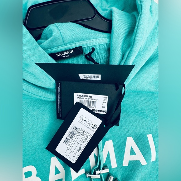 Balmain Unisex logo-print hoodie with kangaroo pocket see green white large - Picture 15 of 16